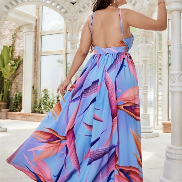 Floral statement Maxi Dress in Blue and Orange tangerine boho flowy bohemian 3Xl - Picture 2 of 7